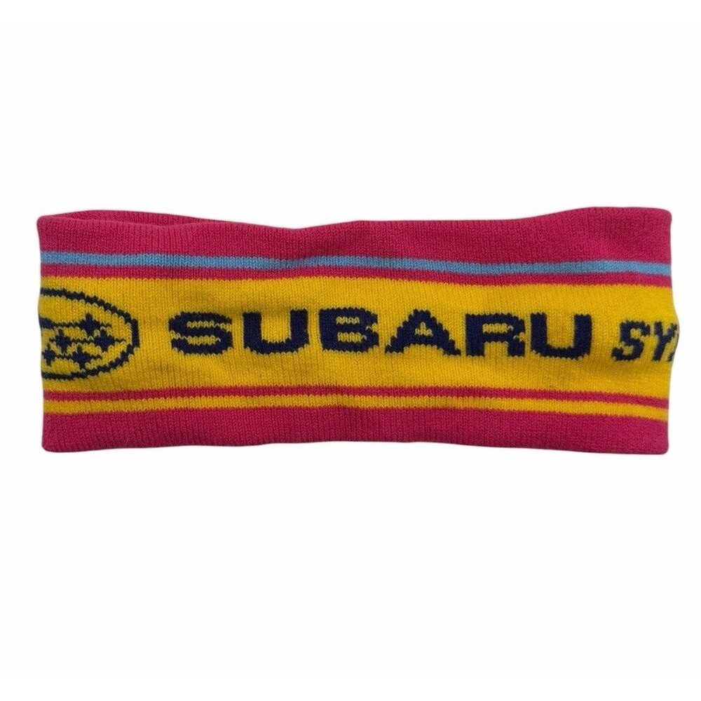 Vtg 80s Subaru Symmetrical AWD Headband Ear Warmer Band Bright Pink Yellow Retro